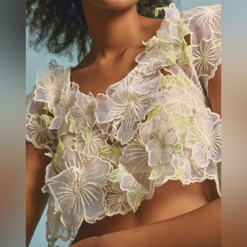 Anthropologie Top Women Sheer Floral 3D Applique Blouse Size Small Boho Cottage
